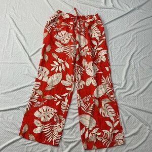 MONTEAU Tropical Leaf Print Wide Leg Pants Linen Blend Orange Red White LARGE